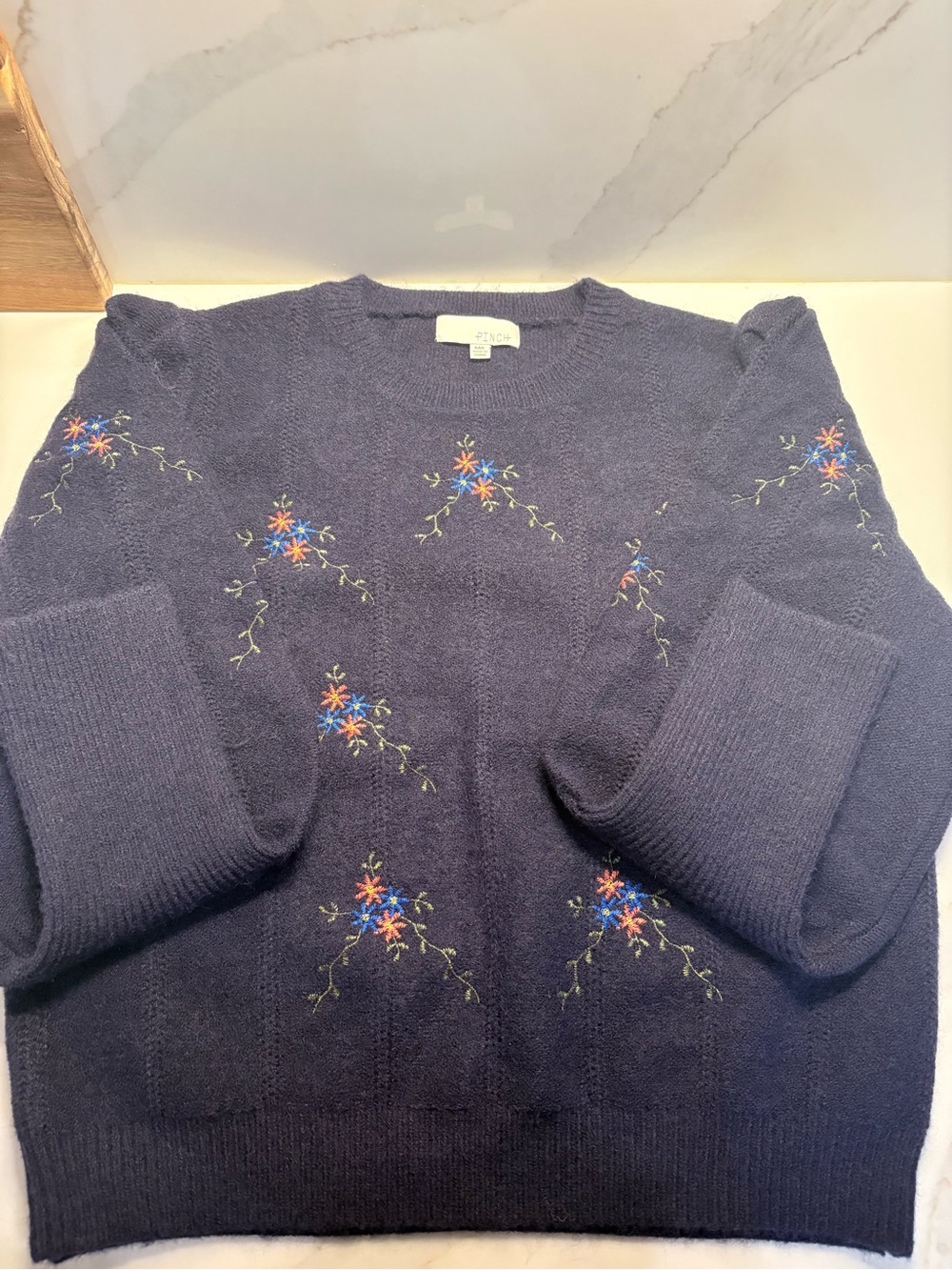 Pinch Navy Crewneck Sweater with Blue and Orange Floral Embroidery